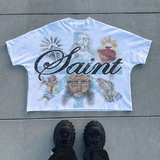 Saint Jesus Angel Print Short Sleeve T-Shirt