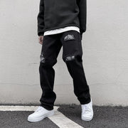 Retro cashew nut flower jeans high street black hole straight loose loose and thin hiphop trousers