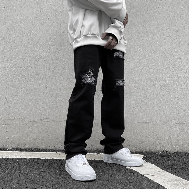 Retro cashew nut flower jeans high street black hole straight loose loose and thin hiphop trousers