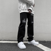 Retro cashew nut flower jeans high street black hole straight loose loose and thin hiphop trousers