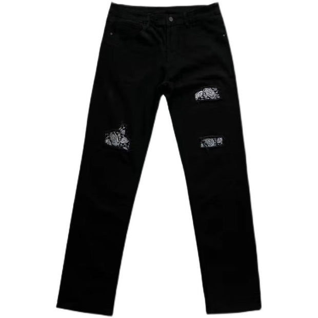 Retro cashew nut flower jeans high street black hole straight loose loose and thin hiphop trousers