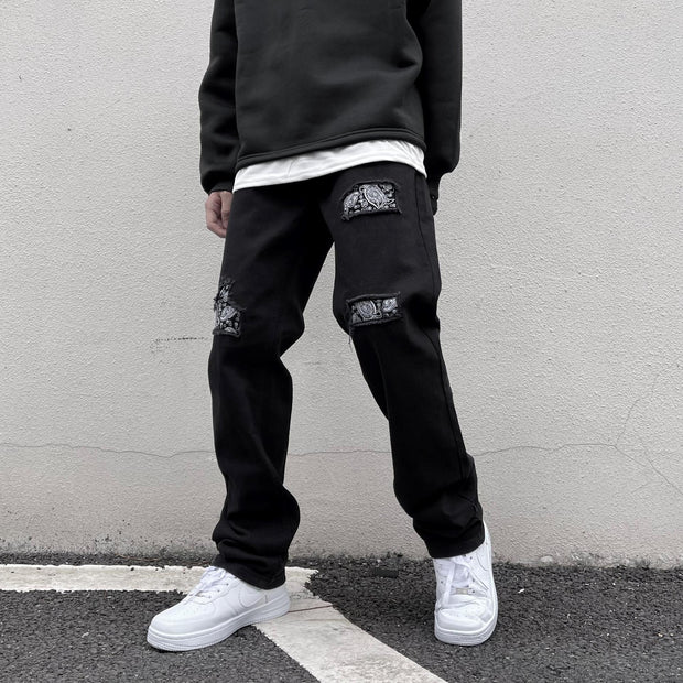 Retro cashew nut flower jeans high street black hole straight loose loose and thin hiphop trousers