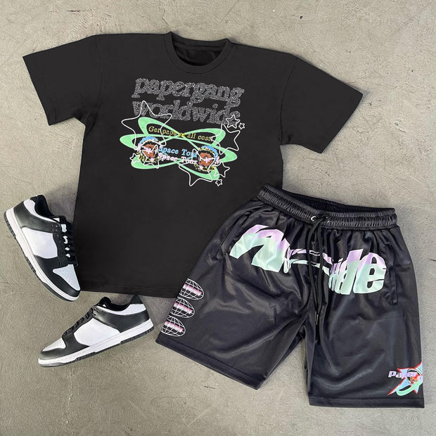 Two-piece set of casual printed T-shirt and shorts