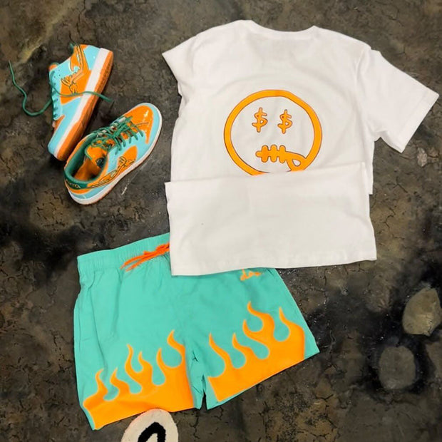 Casual Smile Short Sleeve Printed Flame Shorts Set