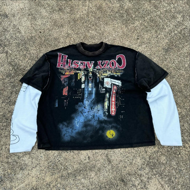 Reflection casual street fake two-piece long-sleeved T-shirt