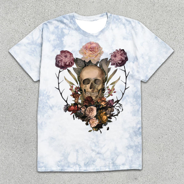 Rose Skull Print Tie-Dye Short Sleeve T-Shirt