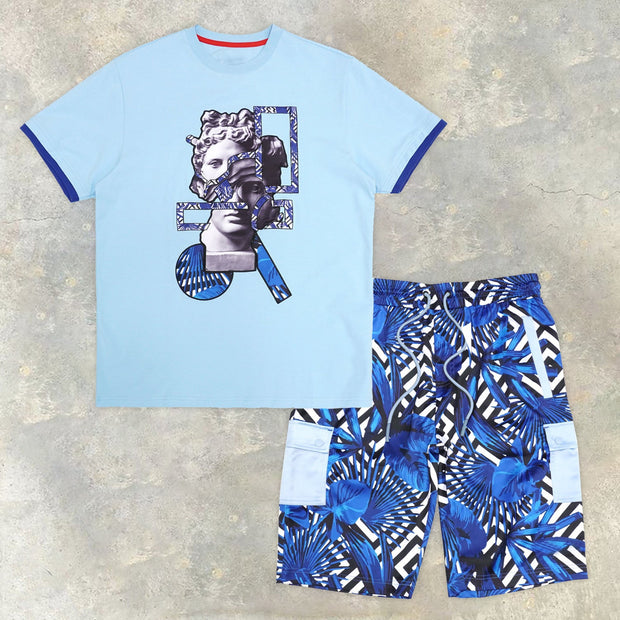 Personalized Print Colorblock Casual Short Sleeve Shorts Two-piece Set