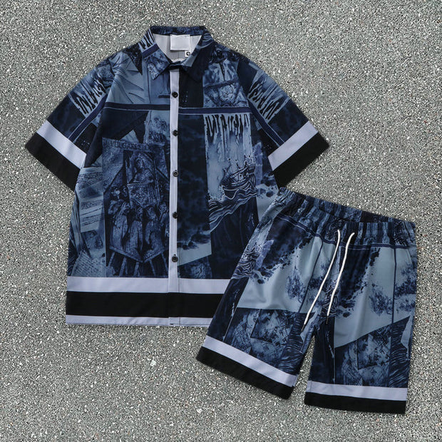 Beach Street Short Sleeve Print Vintage Shorts Shirt Set