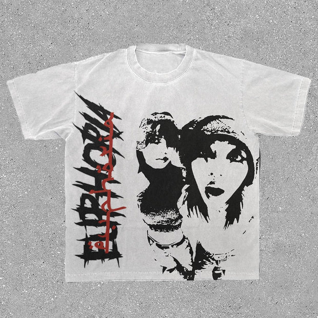 Fashionable personality street style print round neck loose T-shirt