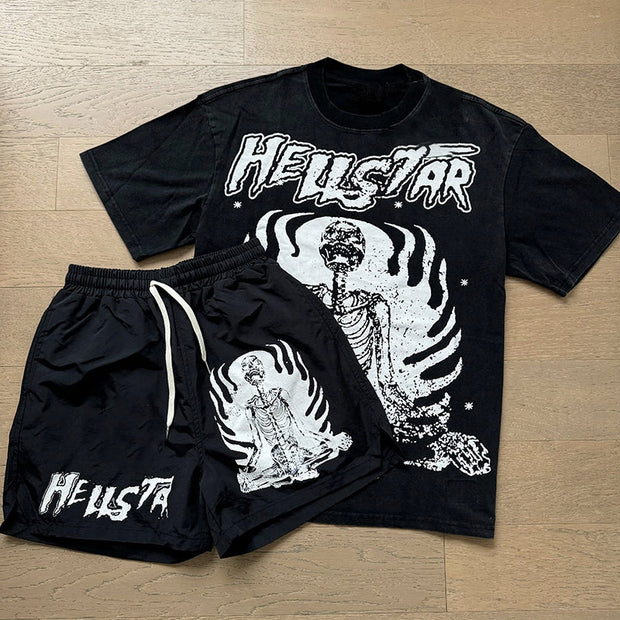 Skull Yoga Casual Street T-shirt Shorts Two-Piece Set