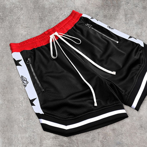 Contrast Panel Street Mesh Sports Loose Shorts