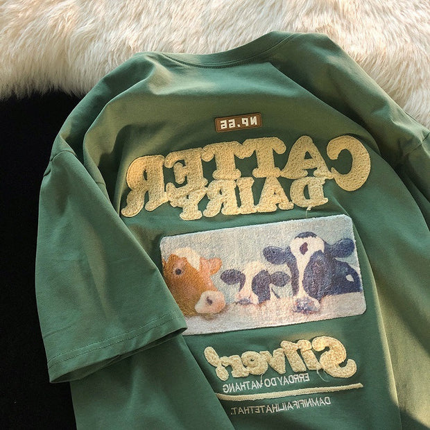 Avocado flocking embroidery American retro short-sleeved T-shirt