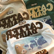 Avocado flocking embroidery American retro short-sleeved T-shirt