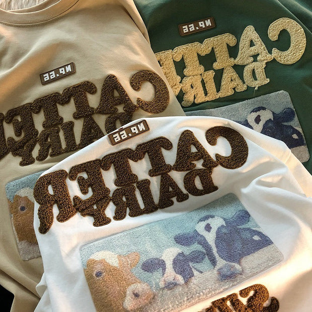 Avocado flocking embroidery American retro short-sleeved T-shirt