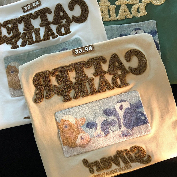 Avocado flocking embroidery American retro short-sleeved T-shirt