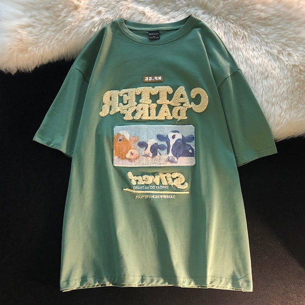 Avocado flocking embroidery American retro short-sleeved T-shirt