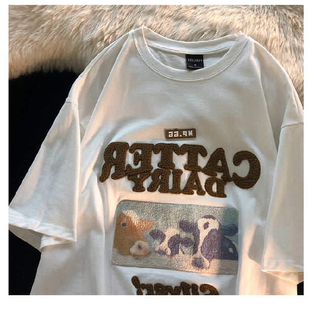 Avocado flocking embroidery American retro short-sleeved T-shirt