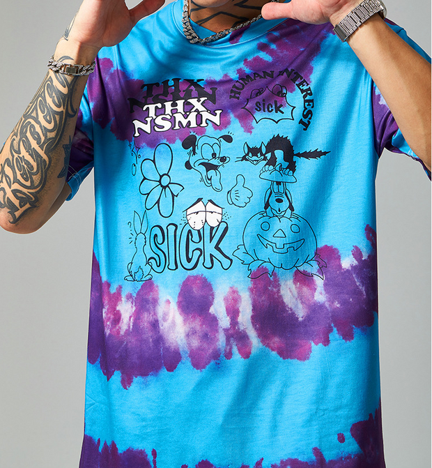 Retro cartoon personality tie-dye printed short-sleeved T-shirt