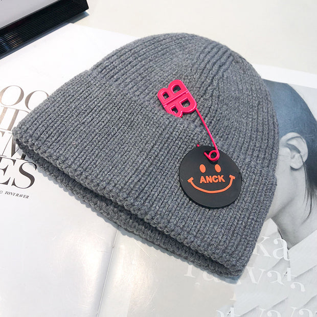 Fashion trend knitted hat female curled pin hip-hop smiley couple woolen hat winter warm hat male