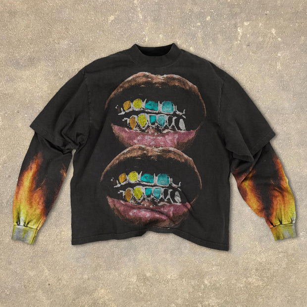 Fake Two Lips Flame Print Long Sleeve T-Shirt