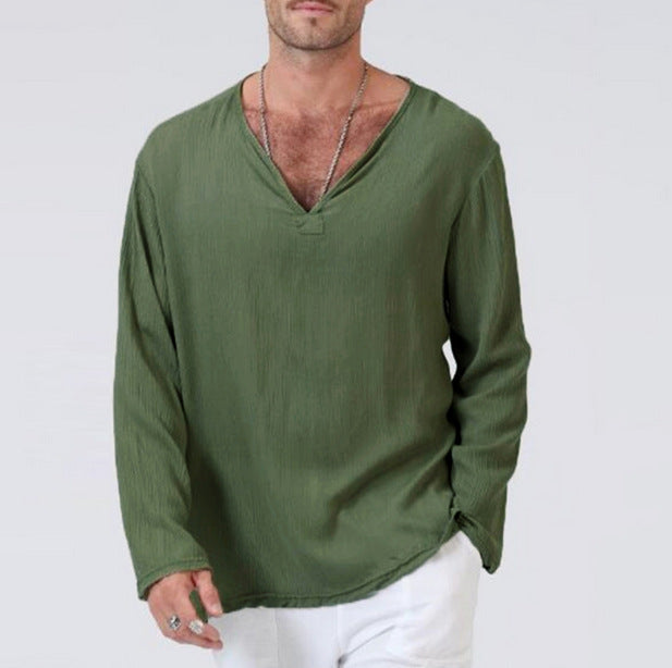 Linen ethnic style loose men's V-neck solid color long-sleeved T-shirt