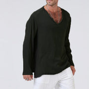 Linen ethnic style loose men's V-neck solid color long-sleeved T-shirt