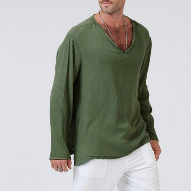 Linen ethnic style loose men's V-neck solid color long-sleeved T-shirt