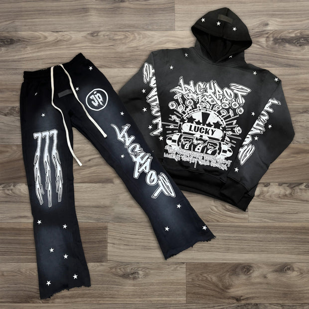 Casual Street Wash Sports Micro Flared Trousers Hoodie Two-Piece Suit