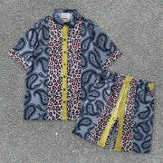 Vintage Leopard Print Stand Collar Street Shorts Set