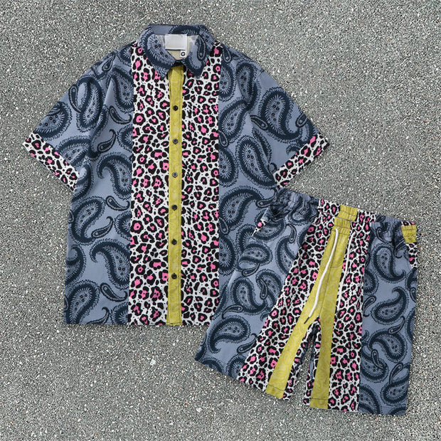 Vintage Leopard Print Stand Collar Street Shorts Set
