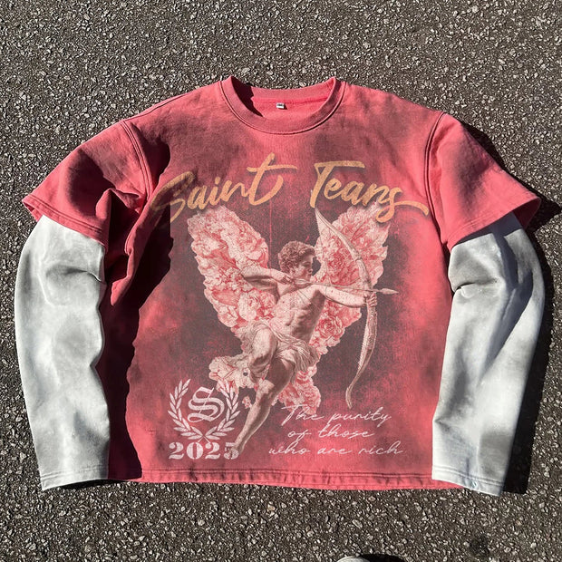 Angel Cupid casual street retro stitching long-sleeved T-shirt