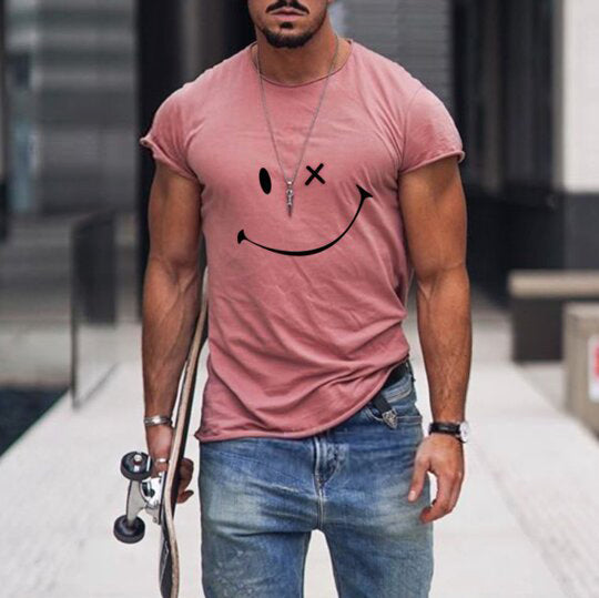 Fashion casual solid color round neck pullover smiley face men's T-shirt
