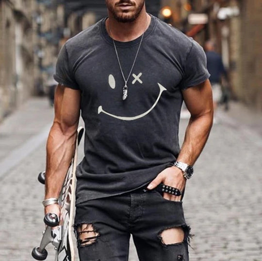 Fashion casual solid color round neck pullover smiley face men's T-shirt