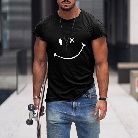 Fashion casual solid color round neck pullover smiley face men's T-shirt