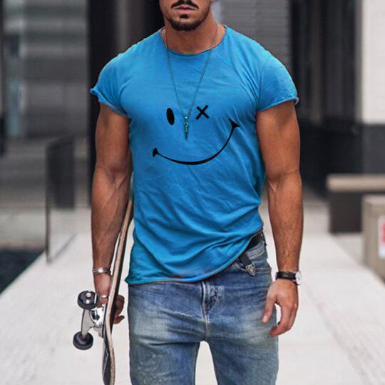 Fashion casual solid color round neck pullover smiley face men's T-shirt
