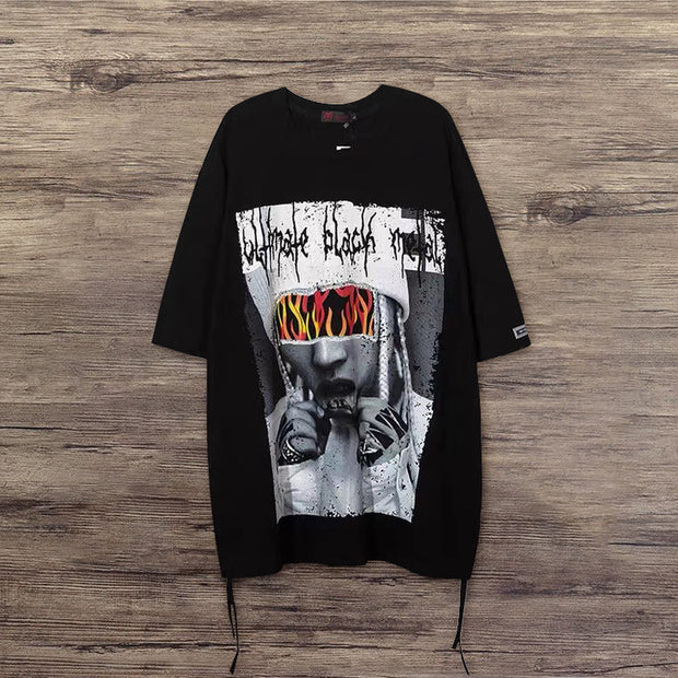 Street style American print drawstring T-shirt