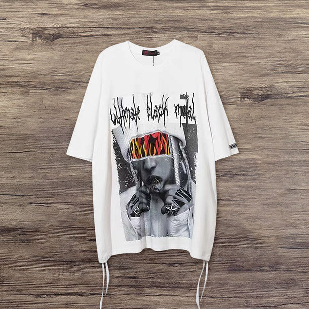 Street style American print drawstring T-shirt