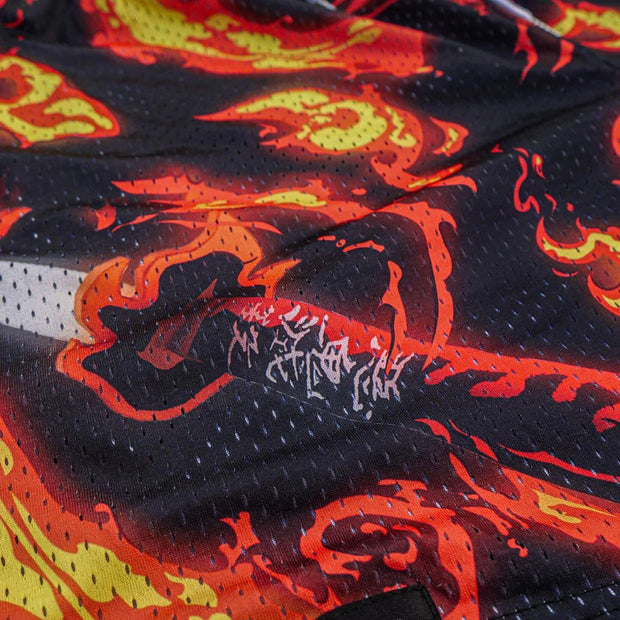 flame anime print mesh shorts