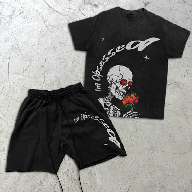 Skull Rose Print Short Sleeve Two Piece