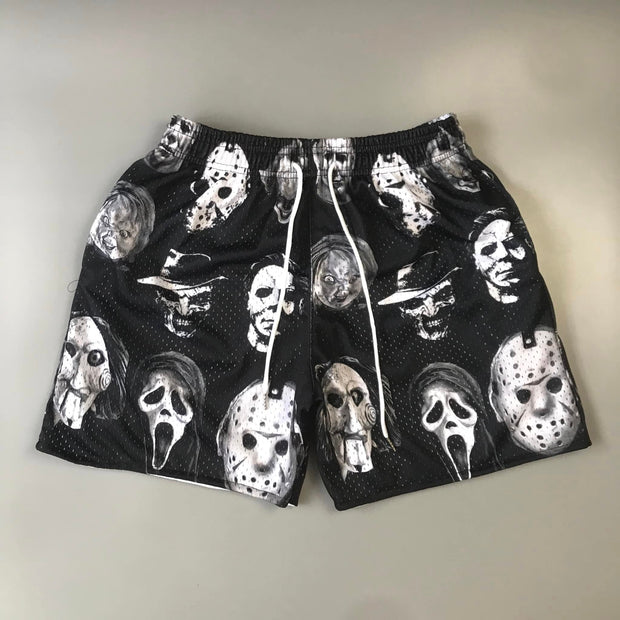 Horror Movie Print Mesh Shorts