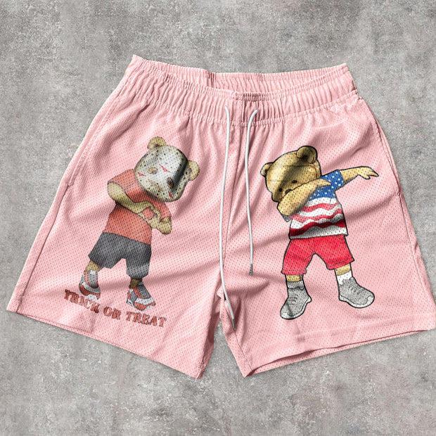 Vintage Bear Casual Print Mesh Shorts