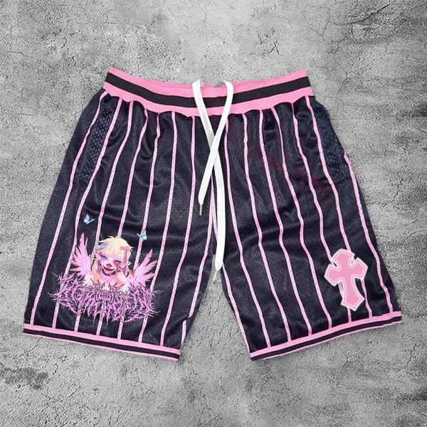 Angel Stripe Vintage Print Street Shorts