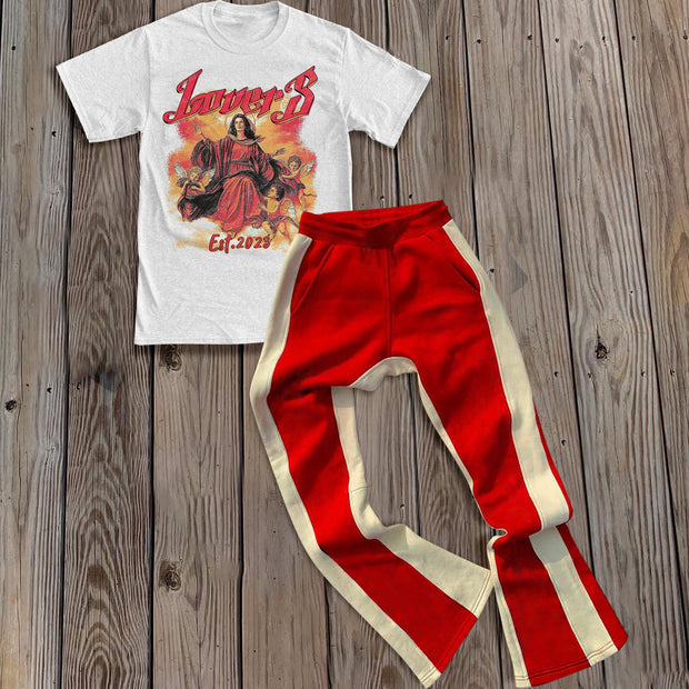 Fashionable retro angel print color block trousers two-piece set