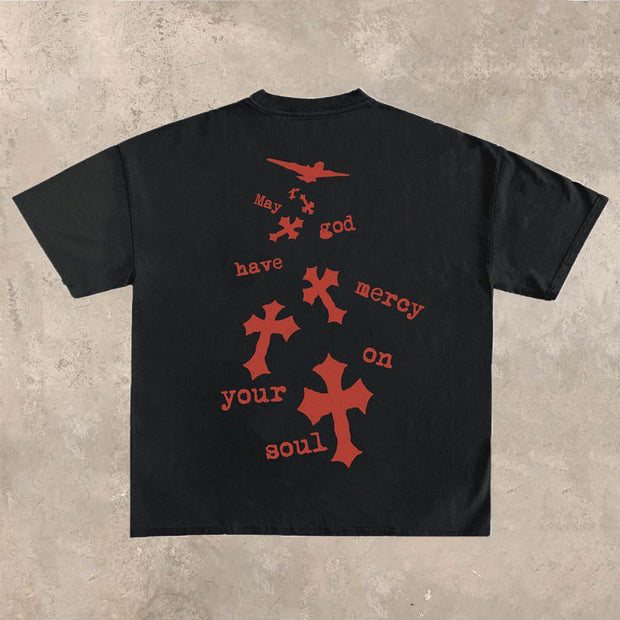 Fashion personality cross print round neck short-sleeved T-shirt
