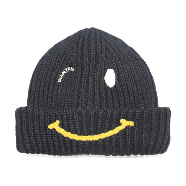 Smiley face knitted hat plus velvet thickened earmuffs woolen cap embroidery cold hat women