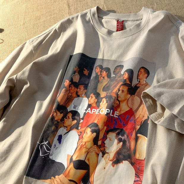 American retro print short-sleeved loose casual all-match T-shirt