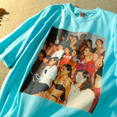 American retro print short-sleeved loose casual all-match T-shirt