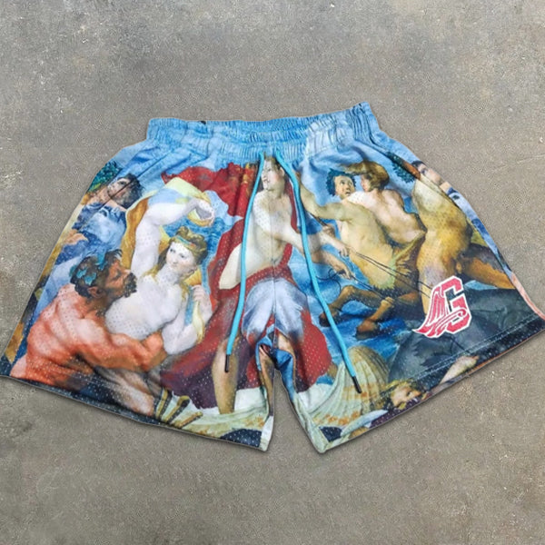 renaissance graphic print elastic shorts