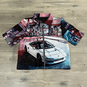 Anime Car Print Zipper Short-Sleeved Shirt Jacket