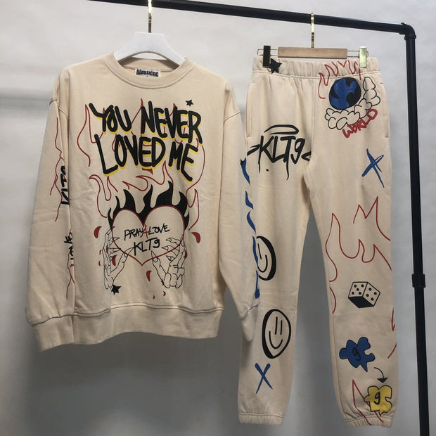 Personalized street style graffiti print loose round neck sweatshirt suit